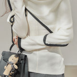 Casual Asymmetrical Black and White Color-Block Shawl Knit Two-Piece Set