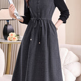 Casual Faux Layered Dress with Pleated Collar and Pearl Tie