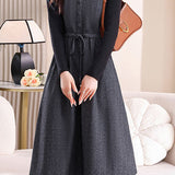 Casual Faux Layered Dress with Pleated Collar and Pearl Tie
