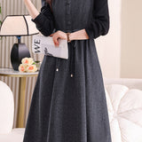 Casual Faux Layered Dress with Pleated Collar and Pearl Tie