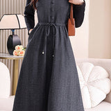 Casual Faux Layered Dress with Pleated Collar and Pearl Tie