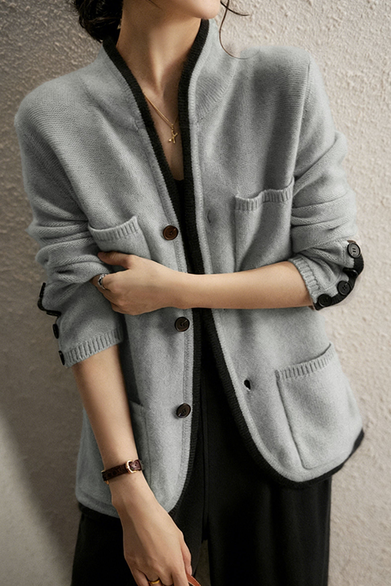 Casual Versatile Color-Block Cardigan with Four Patch Pockets