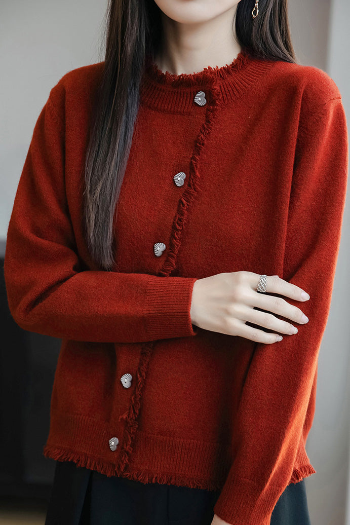 Casual Knit Cardigan with Lace Trimmed Round Neck