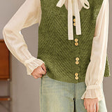 Casual Versatile V-Neck Sleeveless Knit Waistcoat with Button Details