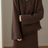 Casual Irregular Fringe Pullover Knit Top and Skirt Two-Piece Set