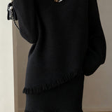 Casual Irregular Fringe Pullover Knit Top and Skirt Two-Piece Set