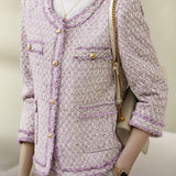 Elegant Textured Boucle Round Neck Long Sleeve Coat