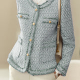 Elegant Textured Boucle Round Neck Long Sleeve Coat