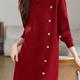 Casual Elegant Half-High Neck Long-Sleeve Mid-Length Knitted Dress