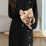Casual Elegant Half-High Neck Long-Sleeve Mid-Length Knitted Dress