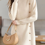 Casual Elegant Half-High Neck Long-Sleeve Mid-Length Knitted Dress