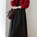 Casual Color-Block Gold Heart Button Knitted Cardigan Dress Two-Piece Set