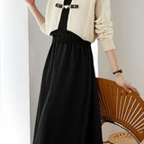 Casual Color-Block Gold Heart Button Knitted Cardigan Dress Two-Piece Set