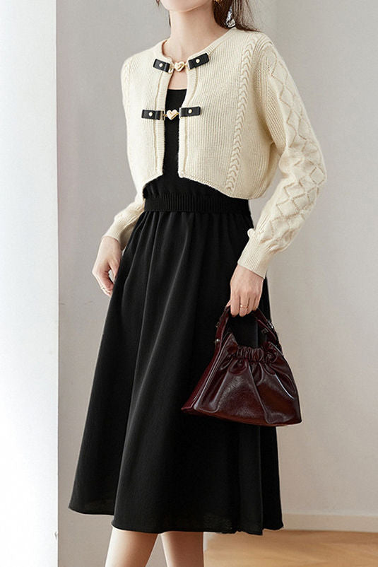 Casual Color-Block Gold Heart Button Knitted Cardigan Dress Two-Piece Set