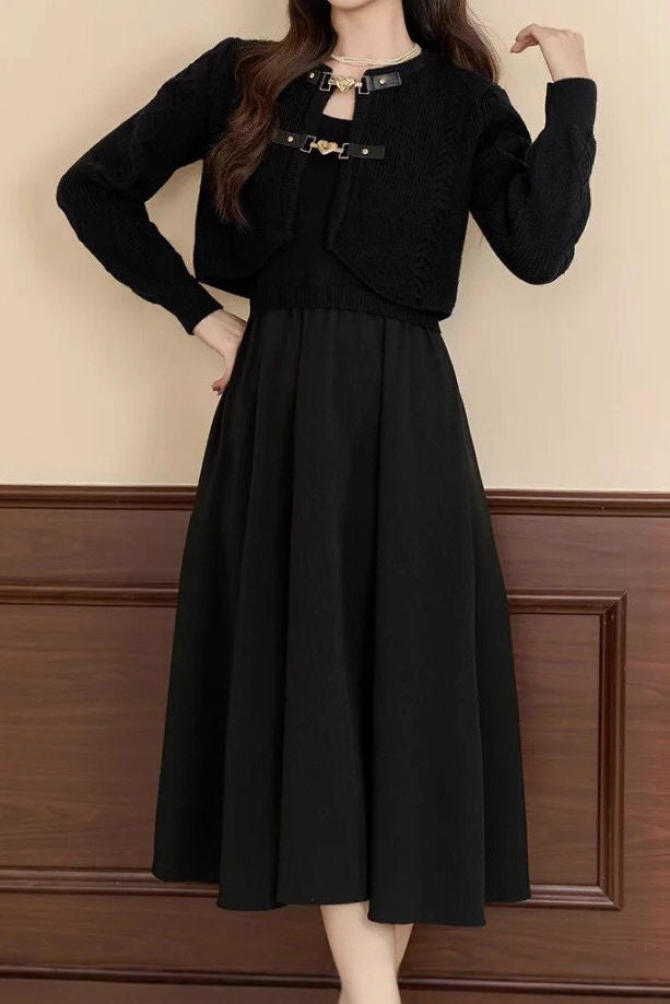 Casual Color-Block Gold Heart Button Knitted Cardigan Dress Two-Piece Set