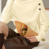 Casual Turtleneck Button Shawl And Crew Neck Sweater Two-Piece Set