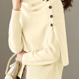 Casual Turtleneck Button Shawl And Crew Neck Sweater Two-Piece Set