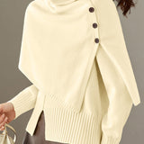 Casual Turtleneck Button Shawl And Crew Neck Sweater Two-Piece Set