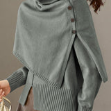 Casual Turtleneck Button Shawl And Crew Neck Sweater Two-Piece Set