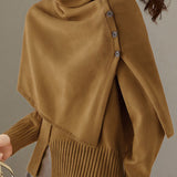 Casual Turtleneck Button Shawl And Crew Neck Sweater Two-Piece Set