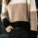 Casual Crew Neck Pullover Color-Block Loose Knitted Top