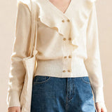 Elegant V-Neck Ruffle Lurex Gold Button Knitted Top