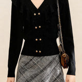 Elegant V-Neck Ruffle Lurex Gold Button Knitted Top