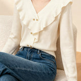 Elegant V-Neck Ruffle Lurex Gold Button Knitted Top
