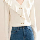 Elegant V-Neck Ruffle Lurex Gold Button Knitted Top