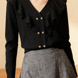 Elegant V-Neck Ruffle Lurex Gold Button Knitted Top