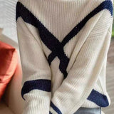 Casual Geometric Color-Block Cross-Stripe Turtleneck Sweater