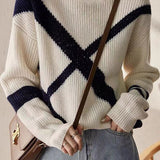 Casual Geometric Color-Block Cross-Stripe Turtleneck Sweater
