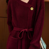Elegant Temperament V-Neck Asymmetric Placket Tie Knitted Coat