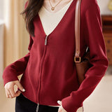 Casual Fake Two-Piece Layered V-Neck Zipper Knitted Top