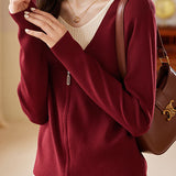 Casual Fake Two-Piece Layered V-Neck Zipper Knitted Top