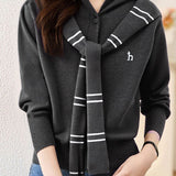 Casual Versatile Fake Two-Piece Striped Shawl Hooded Knitted Cardigan