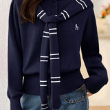 Casual Versatile Fake Two-Piece Striped Shawl Hooded Knitted Cardigan