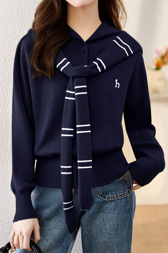Casual Versatile Fake Two-Piece Striped Shawl Hooded Knitted Cardigan