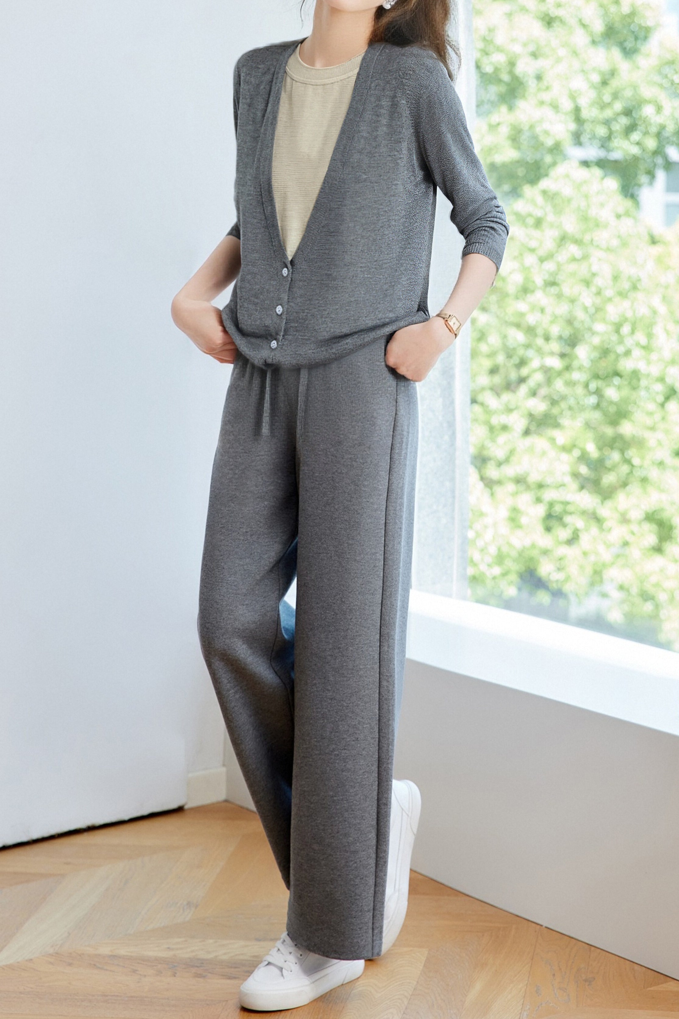 Casual Versatile Homewear Fake Two-Piece Knitted Top And Pants Two-Piece Set