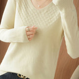 Casual V-Neck Jacquard Solid-Color Knitted Top