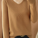 Casual V-Neck Jacquard Solid-Color Knitted Top