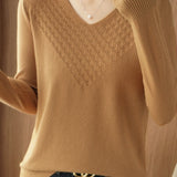 Casual V-Neck Jacquard Solid-Color Knitted Top