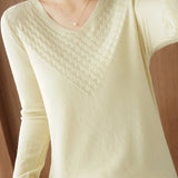 Casual V-Neck Jacquard Solid-Color Knitted Top