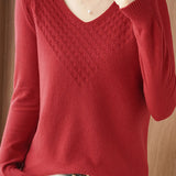 Casual V-Neck Jacquard Solid-Color Knitted Top