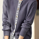 Casual Minimalist Crew Neck Lace Placket Knitted Cardigan