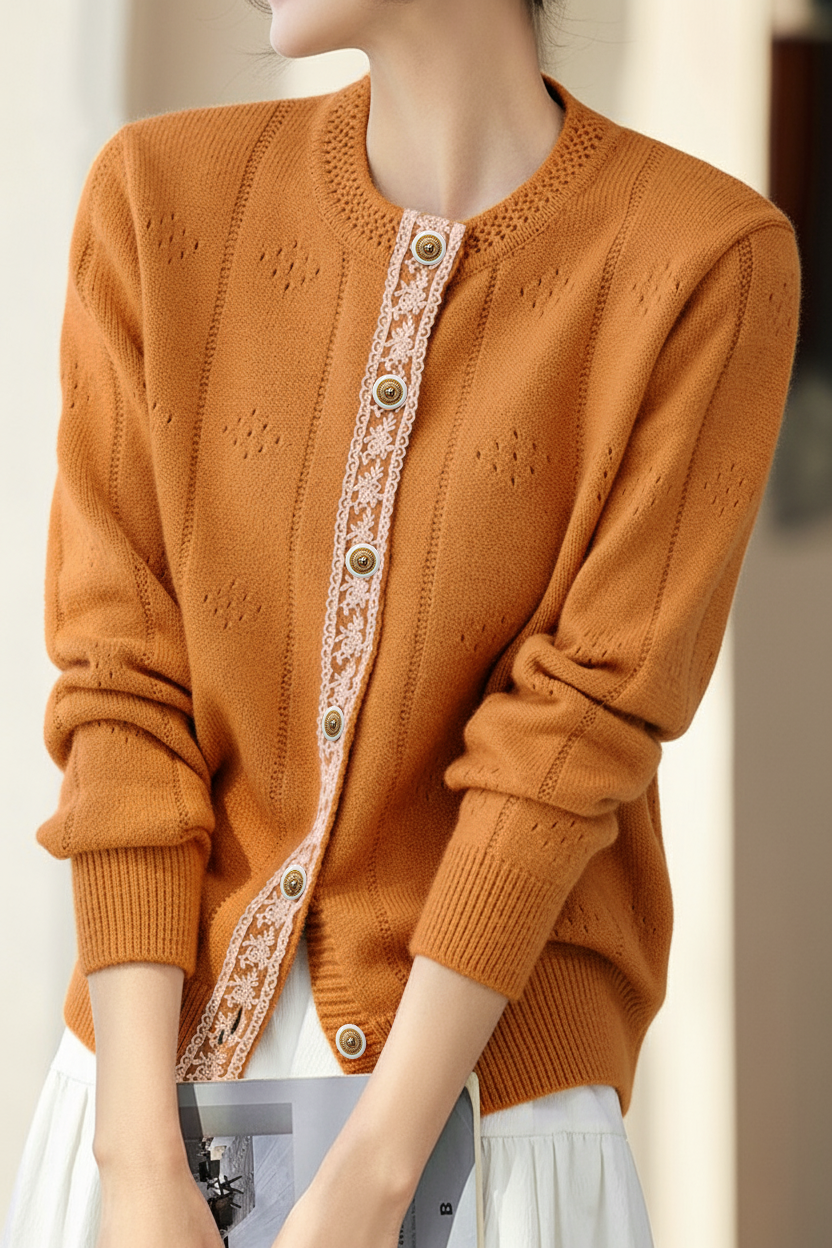 Casual Minimalist Crew Neck Lace Placket Knitted Cardigan