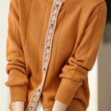 Casual Minimalist Crew Neck Lace Placket Knitted Cardigan