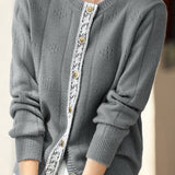 Casual Minimalist Crew Neck Lace Placket Knitted Cardigan