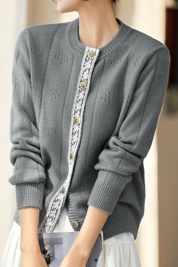 Casual Minimalist Crew Neck Lace Placket Knitted Cardigan