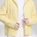 Casual Versatile Solid-Color Turtleneck Double-Zipper Cable-Knit Ribbed Cardigan